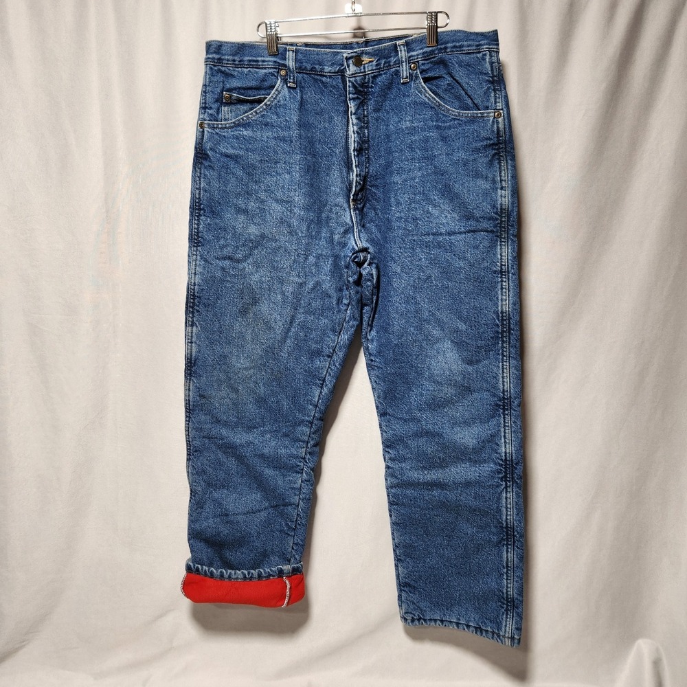 men's WRANGLER‎ red Fleece Lined blue Jeans denim warm winter work Size 37x30